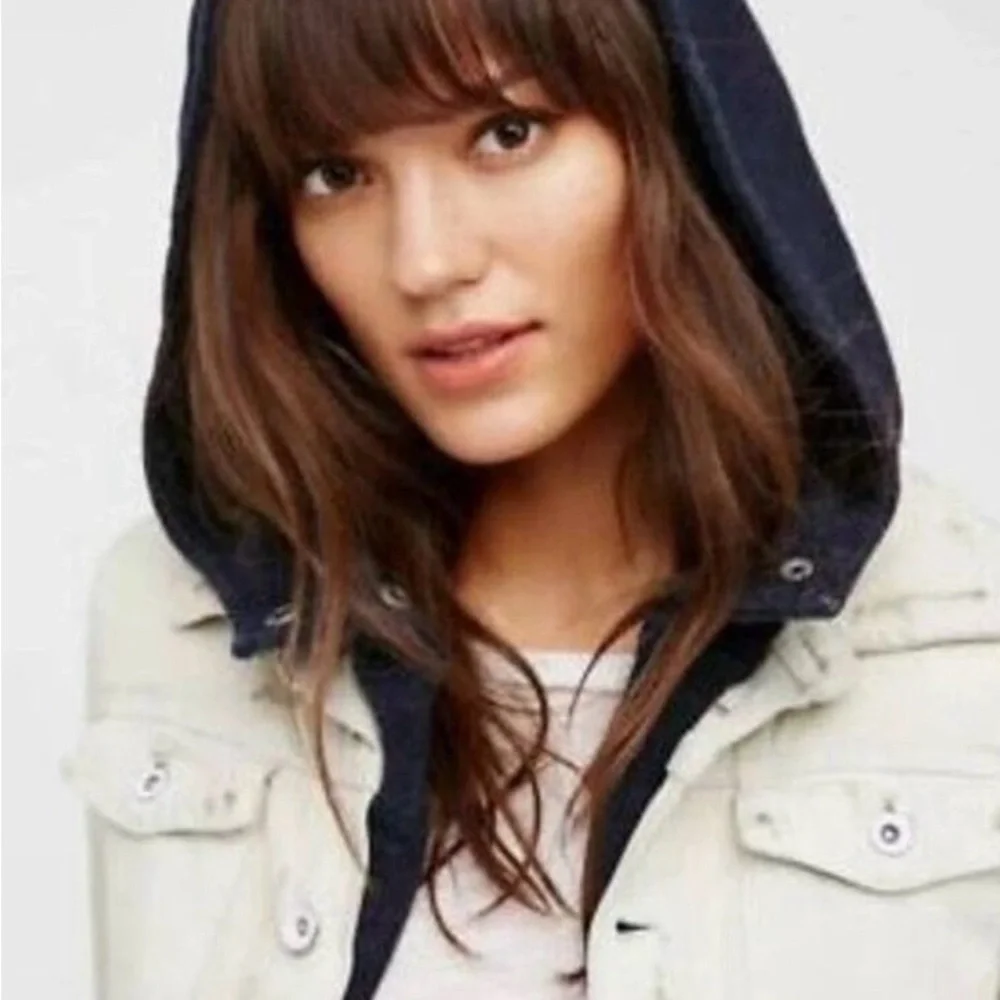 Free People Cream / Ivory Denim Jacket w/ Soft black charcoal hoodie Lightweight - Picture 4 of 11